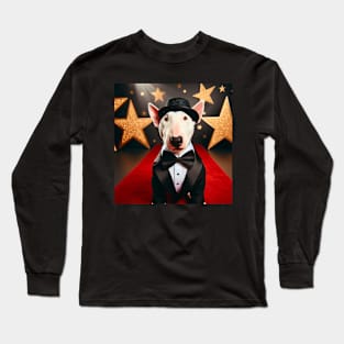 Happy bull terrier wearing tuxedo and hat in front of stars Long Sleeve T-Shirt